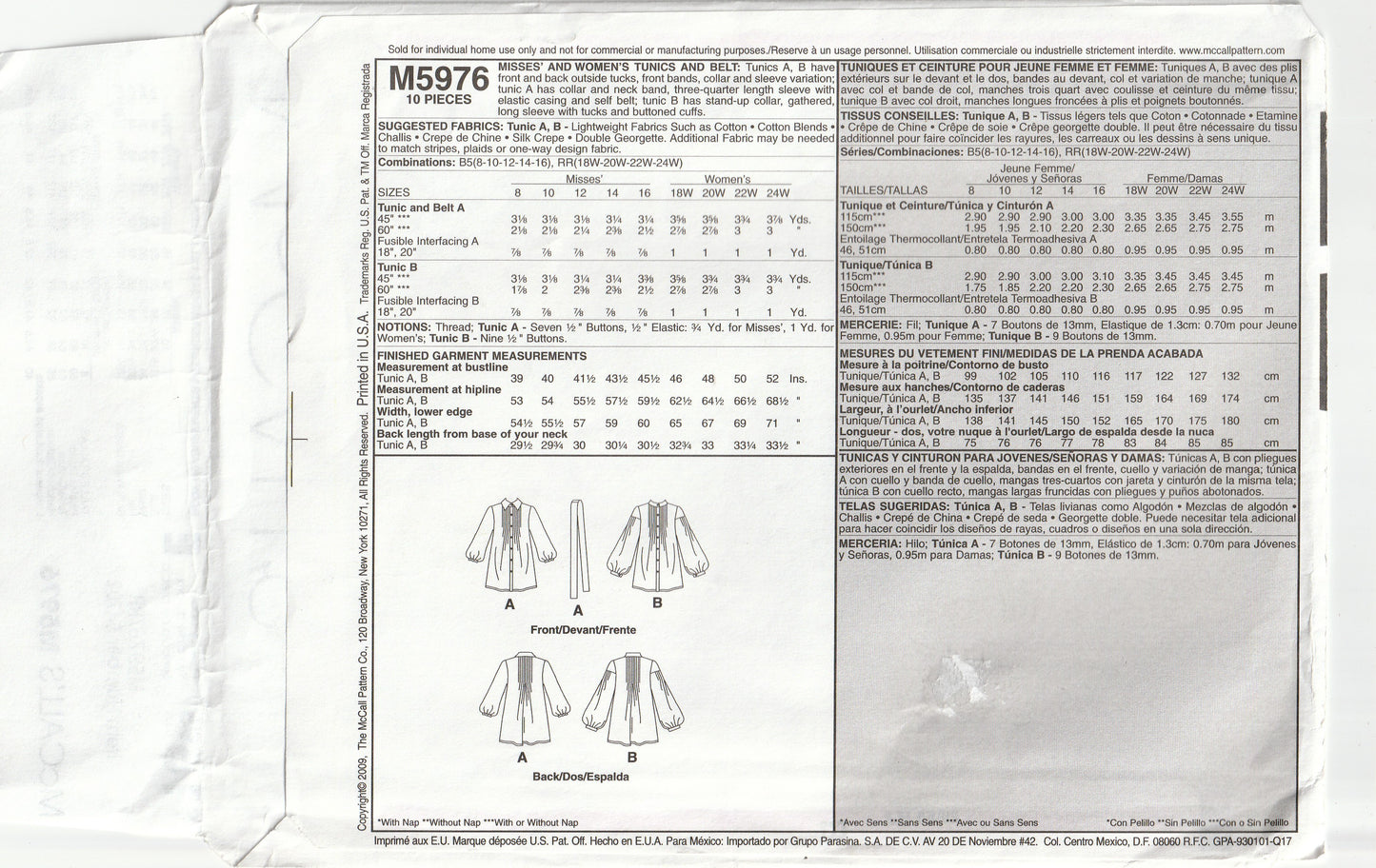 McCall's 5976 Womens Tunic Length Shirts Out Of Print Paper Sewing Pattern Size 18W - 24W UNCUT Factory Folded