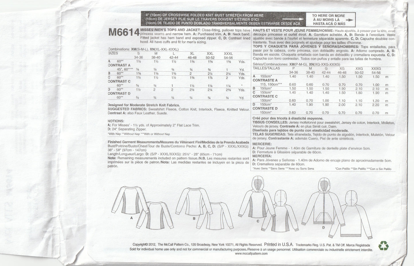 McCall's 6614 Mens Womens UNISEX Stretch Knit Hoodies & Jackets Out Of Print Paper Sewing Pattern S/M/L UNCUT Factory Folded