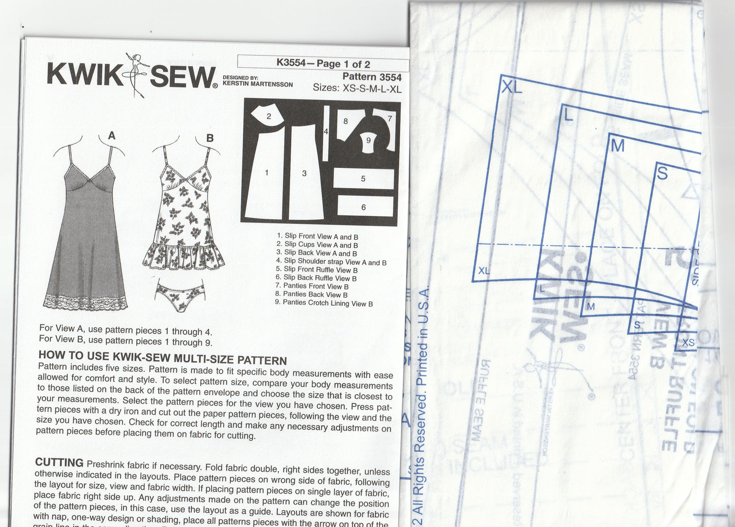 Kwik Sew 3554 Womens Stretch Knit Slips & Panties Out Of Print Paper Sewing Pattern Size XS - XL UNCUT Factory Folded