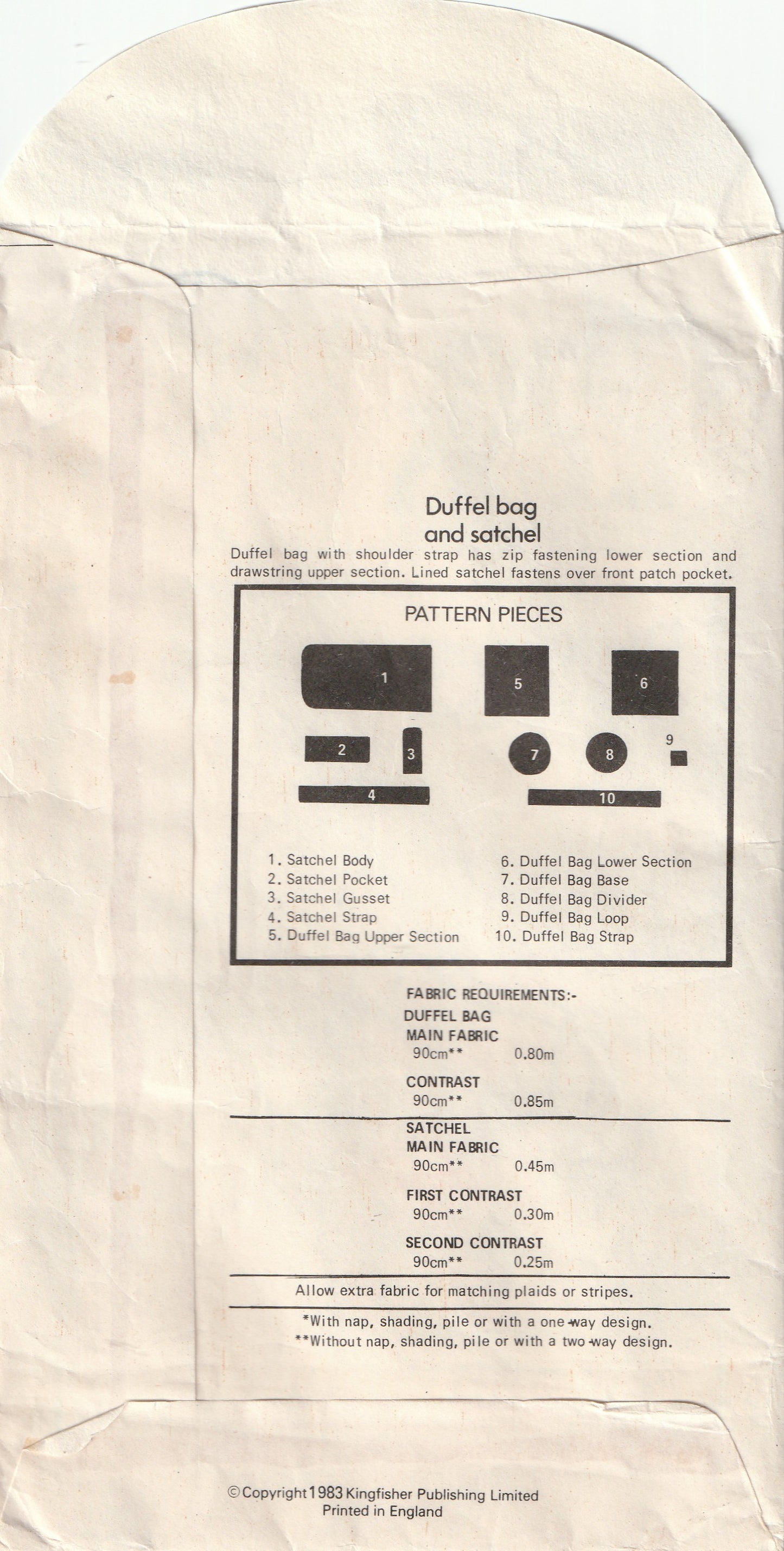 The Look Mail Order Pack 8/24 Duffel Bag & Satchel 1980s Vintage Paper Sewing Pattern UNCUT Factory Folded