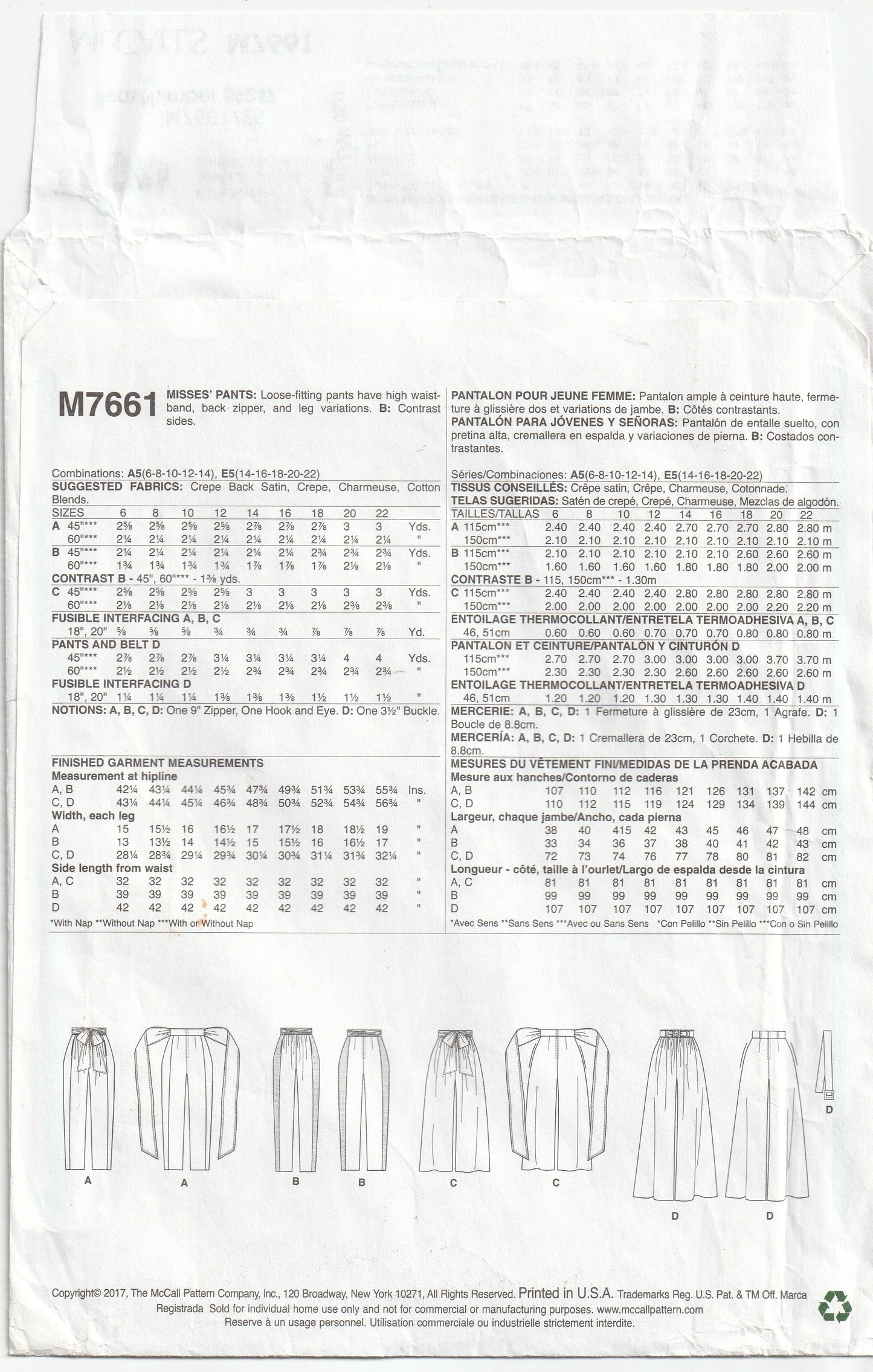 McCall's 7661 Womens High Waisted Pants in 4 Styles Paper Sewing Pattern Size 14 - 22 UNCUT Factory Folded
