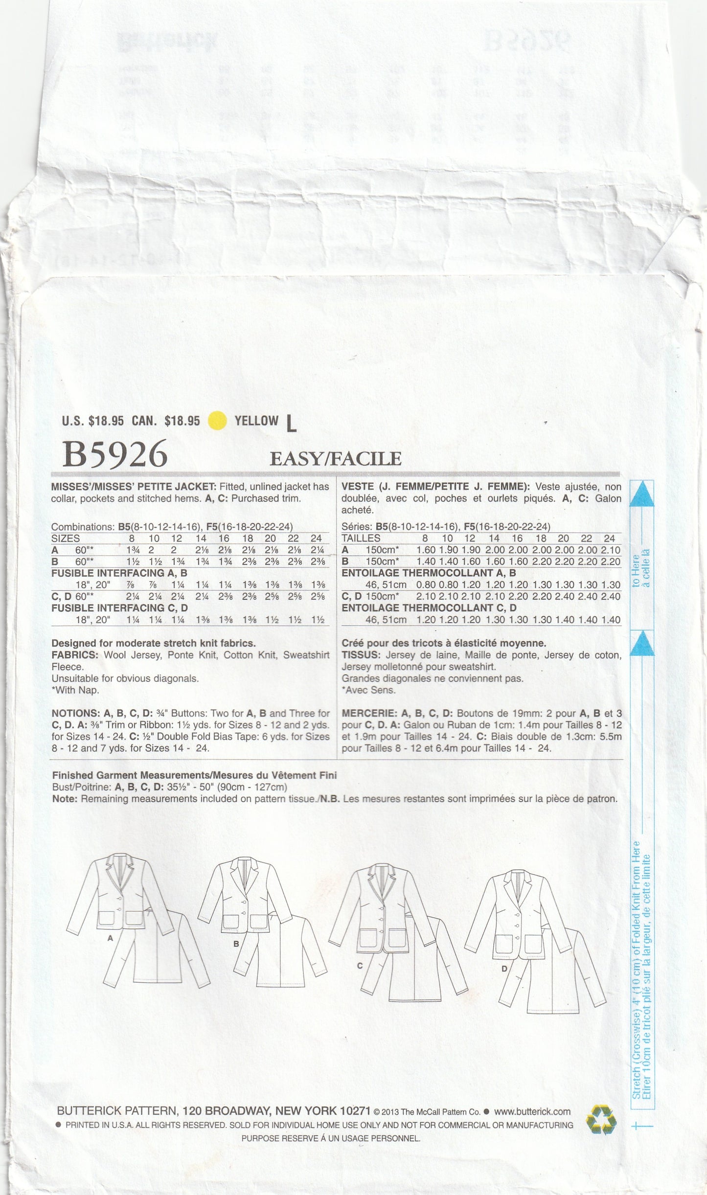 Butterick 5926 Womens Classic Blazer Style Jacket for Stretch Knit Fabrics Out Of Print Paper Sewing Pattern Size 8 - 16 UNCUT Factory Folded