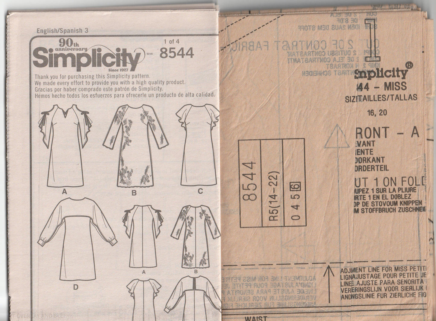 Patrón de costura de vestido camisero Simplicity K8544 para mujer con variaciones en las mangas, agotado, talla 14-22, sin cortar, doblado de fábrica