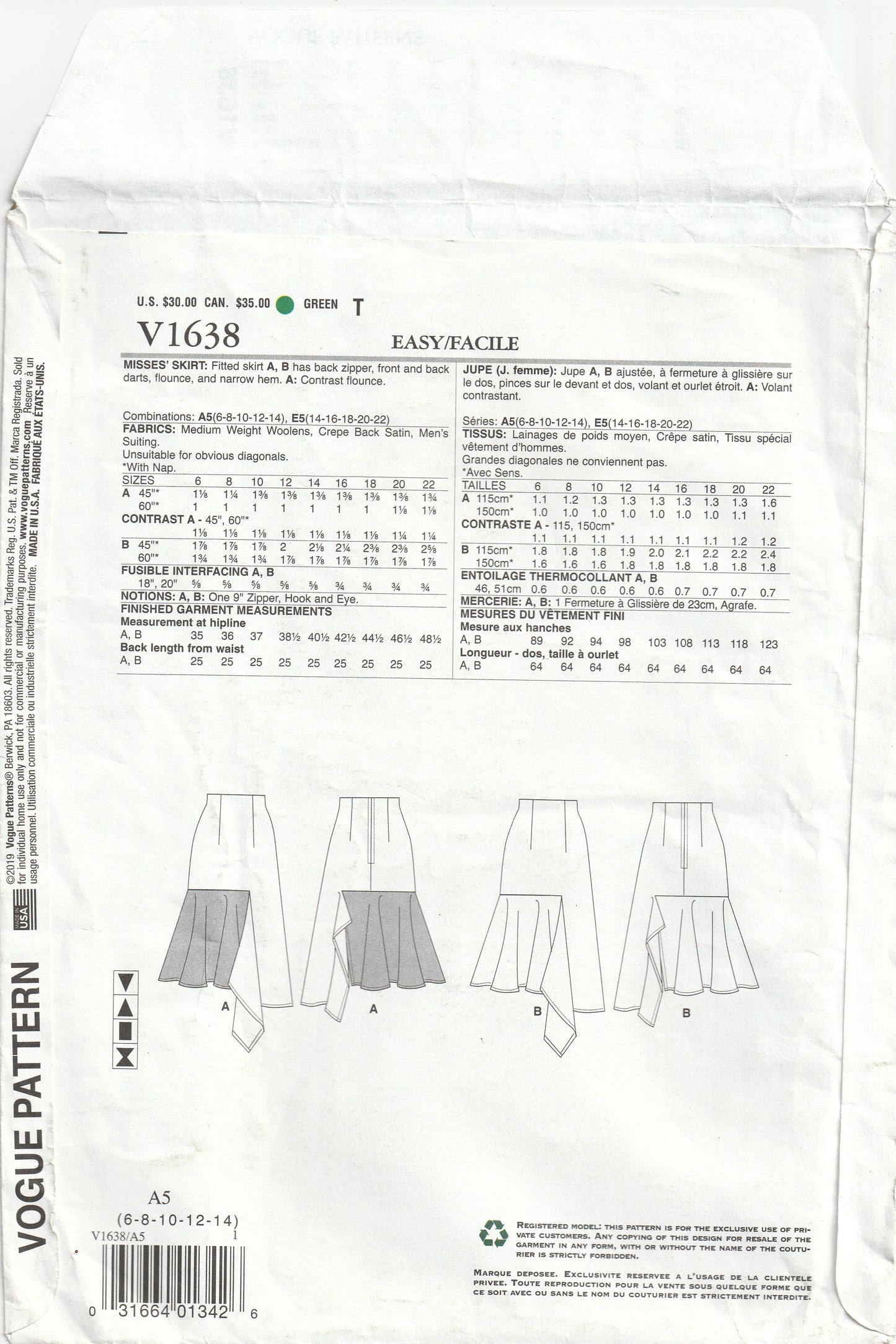Vogue 1638 Womens Asymmetric High Waisted Skirt Out Of Print Paper Sewing Pattern Sizes 6 - 14 UNCUT Factory Folded
