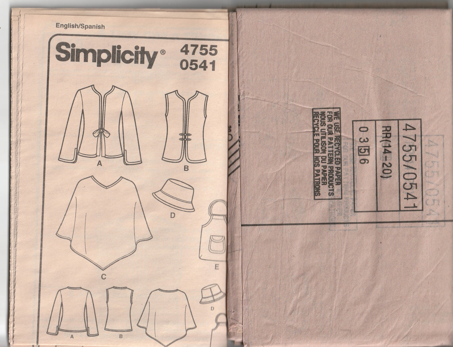 Simplicity 4755 Womens Winter Separates Hat Poncho Bag Jacket & Hat Out Of Print Paper Sewing Pattern Size 14 - 20 UNCUT Factory Folded