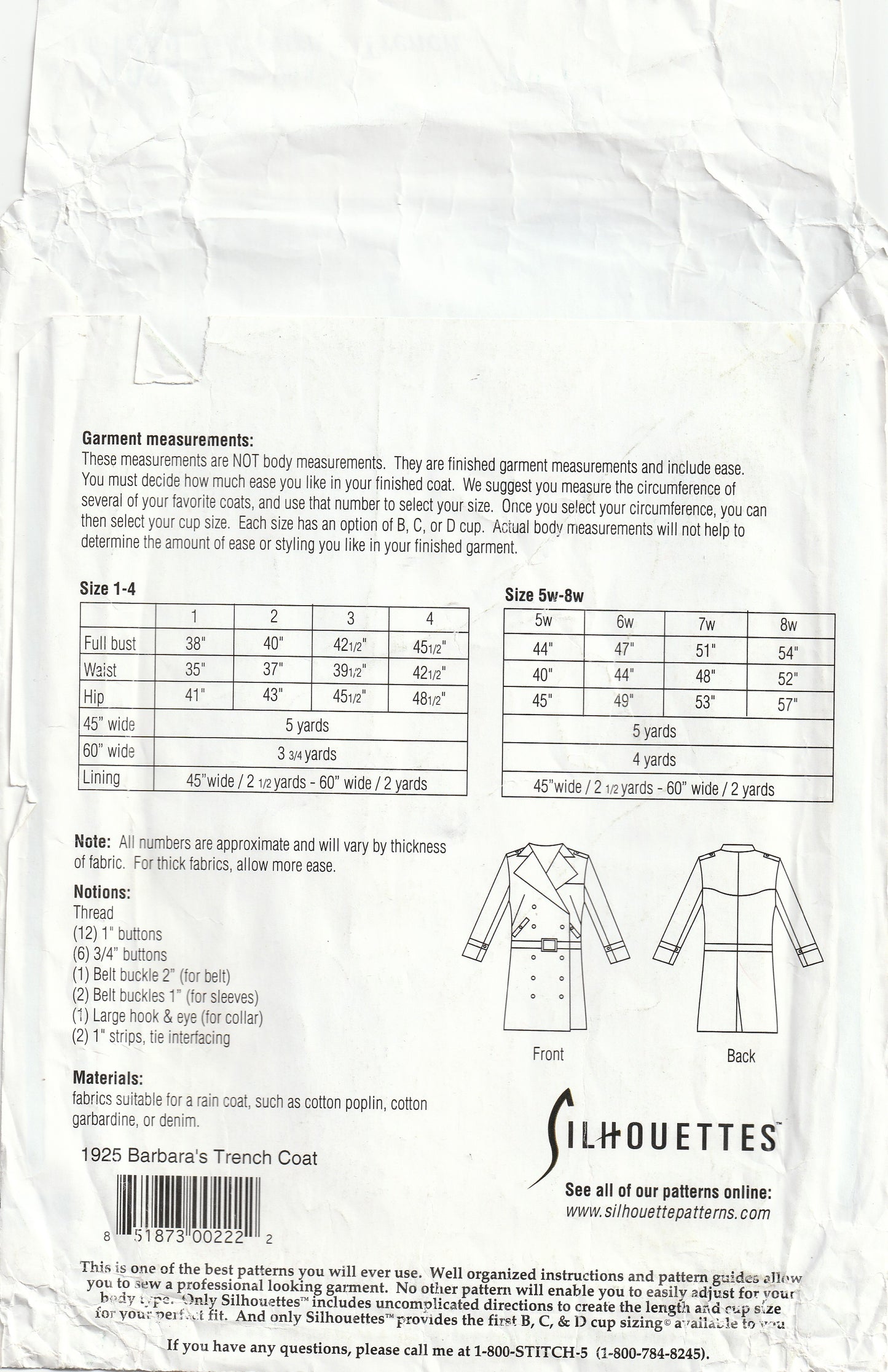 SILHOUETTES #1925 Womens Barbara's Trenchcoat Paper Sewing Pattern ALL SIZES UNCUT Factory Folded