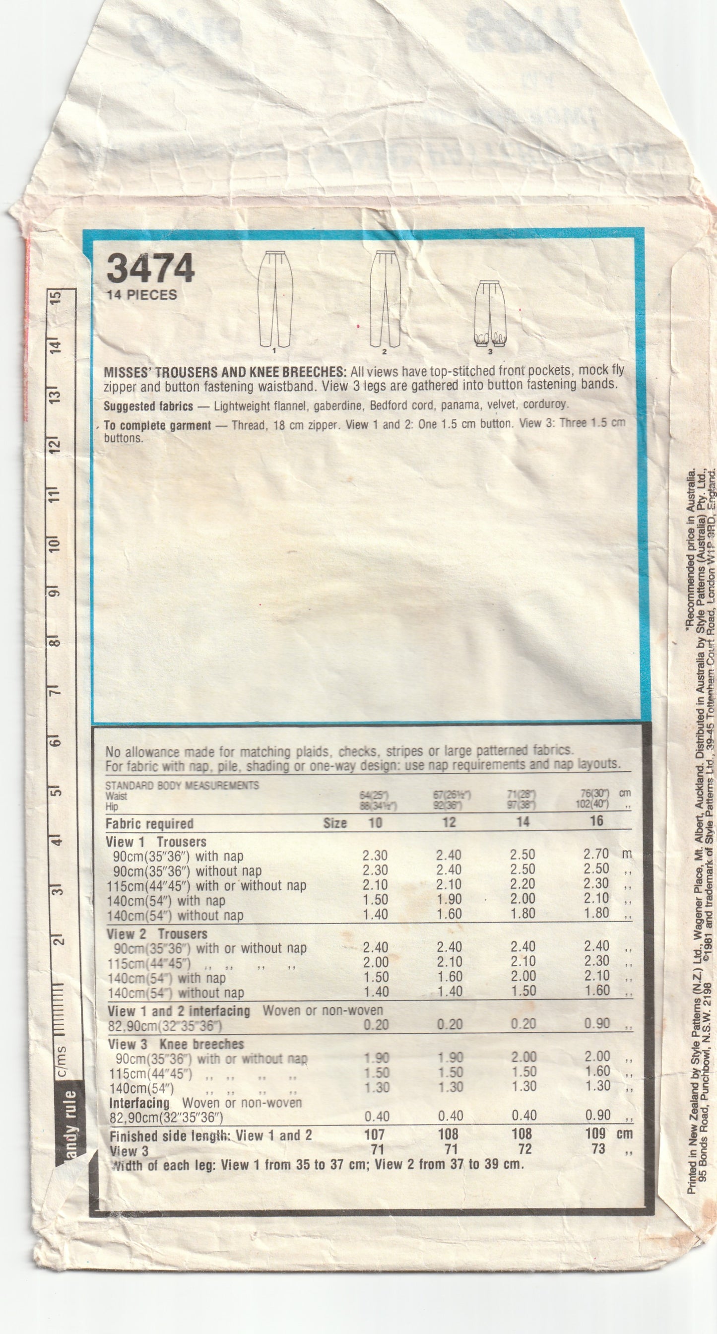 Style 3474 Womens Tapered Pants & Knee Breeches 1980s Vintage Paper Sewing Pattern Size 14 Waist 28 Inches