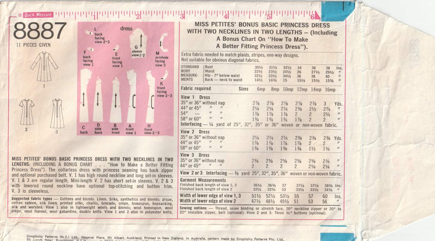 Simplicity 8887 Misses Petite Princess Dress with 2 Necklines & Fitting Instructions 1970s Vintage Paper Sewing Pattern Size 12 MP Bust 34 inches