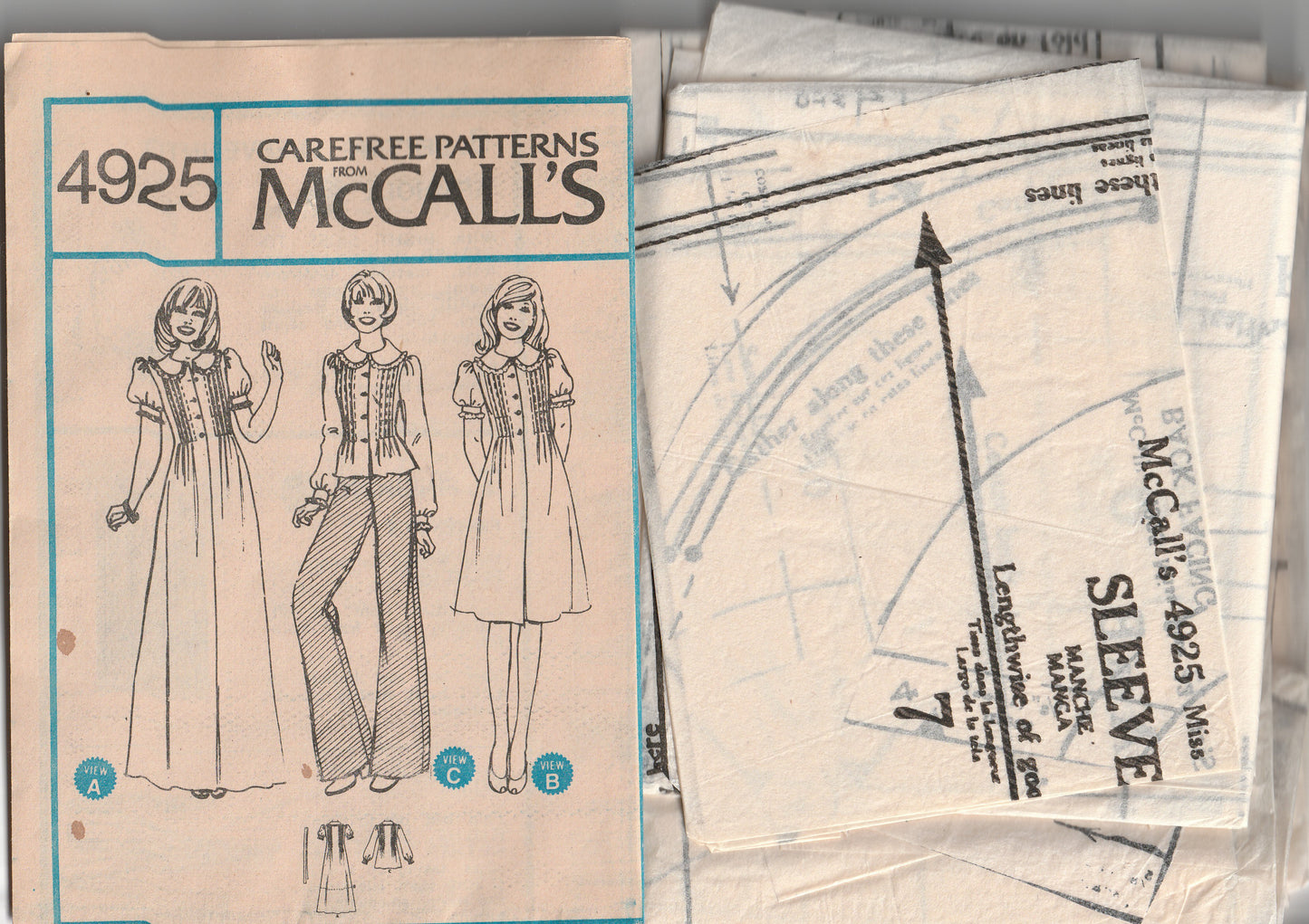 McCall's 4925 Womens Puffy Sleeved Pin Tucked Dress & Blouse 1970s Vintage Paper Sewing Pattern Size 12 Bust 34 inches