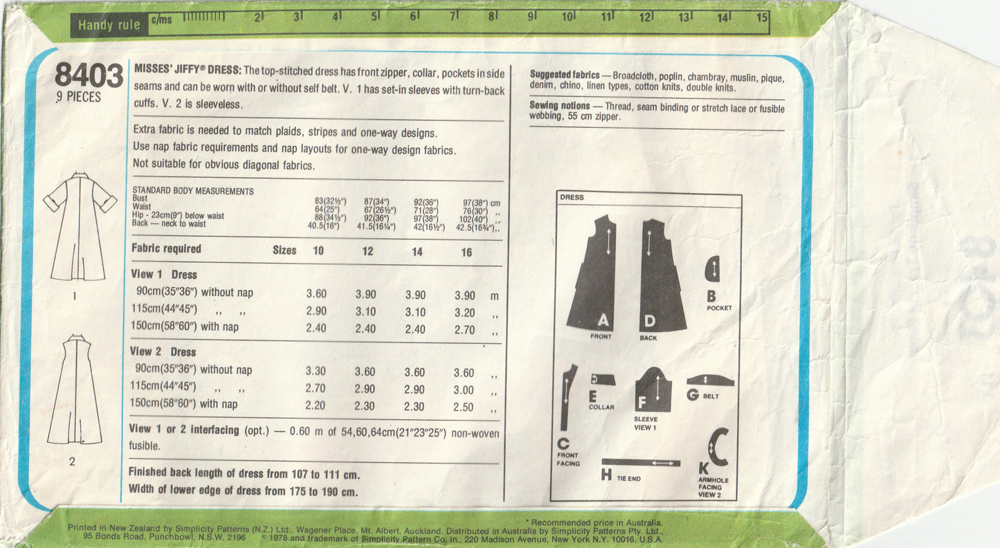 Simplicity 8403 Womens JIFFY Zip Front Tent Dress & Obi Style Tie Belt 1970s Vintage Paper Sewing Pattern Size 16 Bust 38 Inches