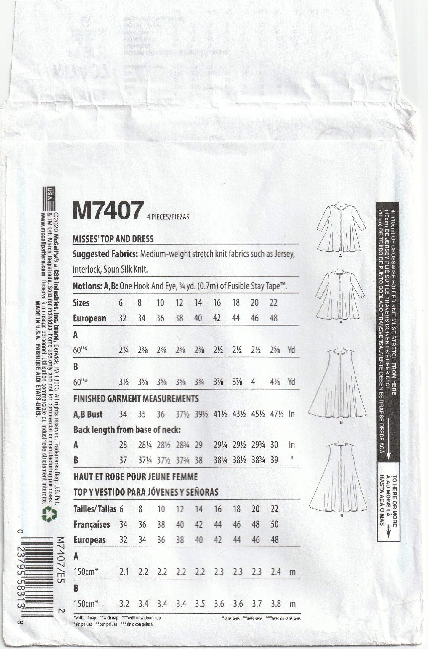 McCall's 7407 Melissa Watson for Palmer Pletsch Womens Stretch Knit Flared Dress and Top Out Of Print Paper Sewing Pattern Size 14 - 22 UNCUT Factory Folded