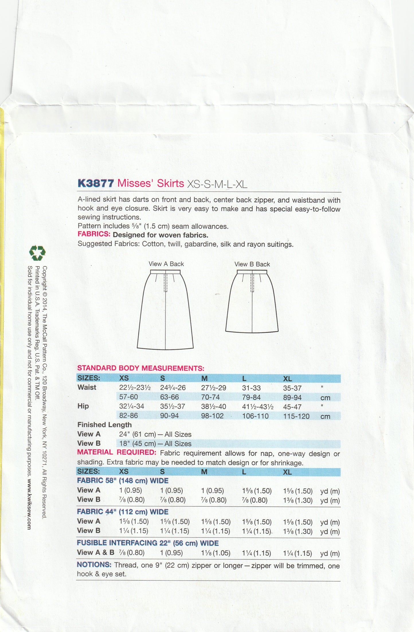 Kwik Sew 3877 Womens Beginner A Line Skirts Out Of Print Paper Sewing Pattern Size XS - XL UNCUT Factory Folded