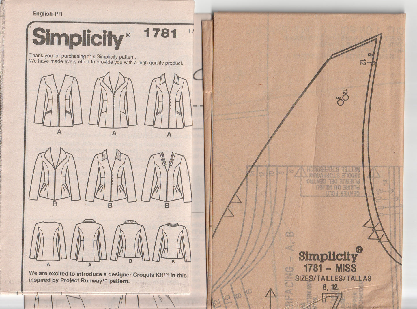 Simplicity 1781 Womens PROJECT RUNWAY Shaped Jackets Out Of Print Paper Sewing Pattern Size 6 - 14 UNCUT Factory Folded