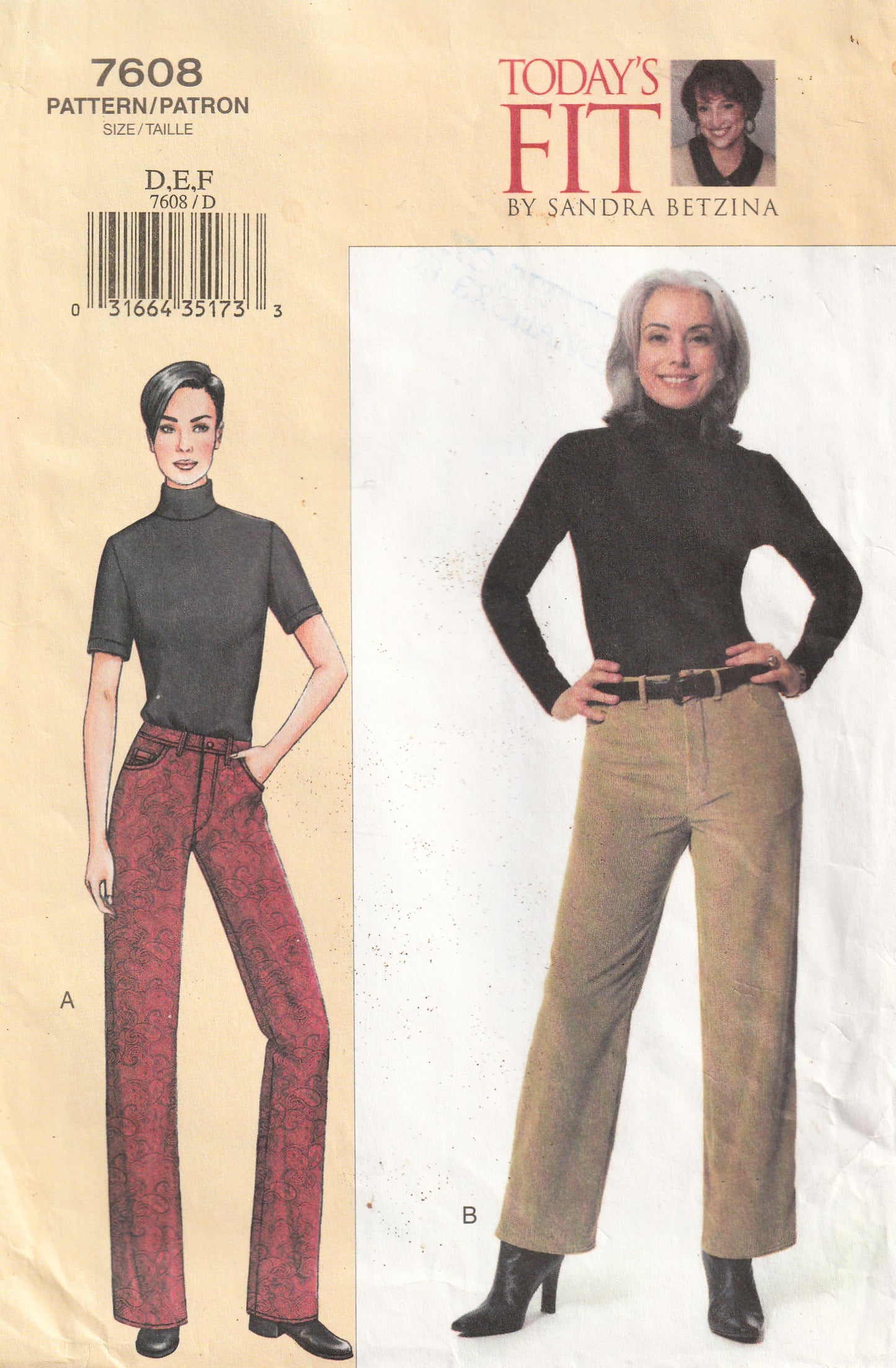 Patrón de costura sin cortar Vogue 7608 SANDRA BETZINA Todays Fit para jeans de pierna recta o de corte acampanado para mujer doblados de fábrica