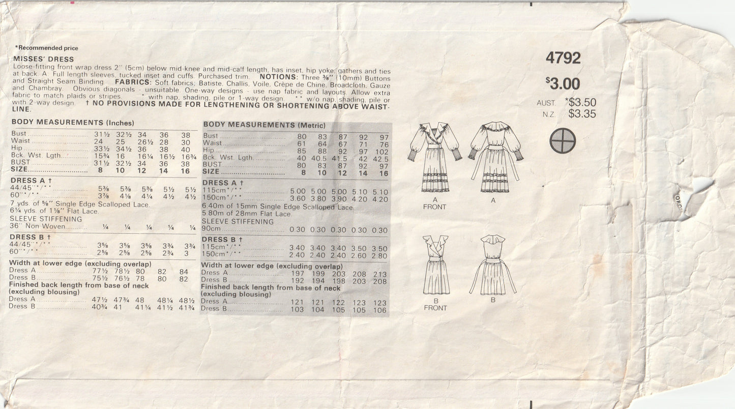 Butterick 4792 Womens Ruffled Neck Evening Wrap Dress 1980s Vintage Paper Sewing Pattern Size 14 Bust 36 Inches