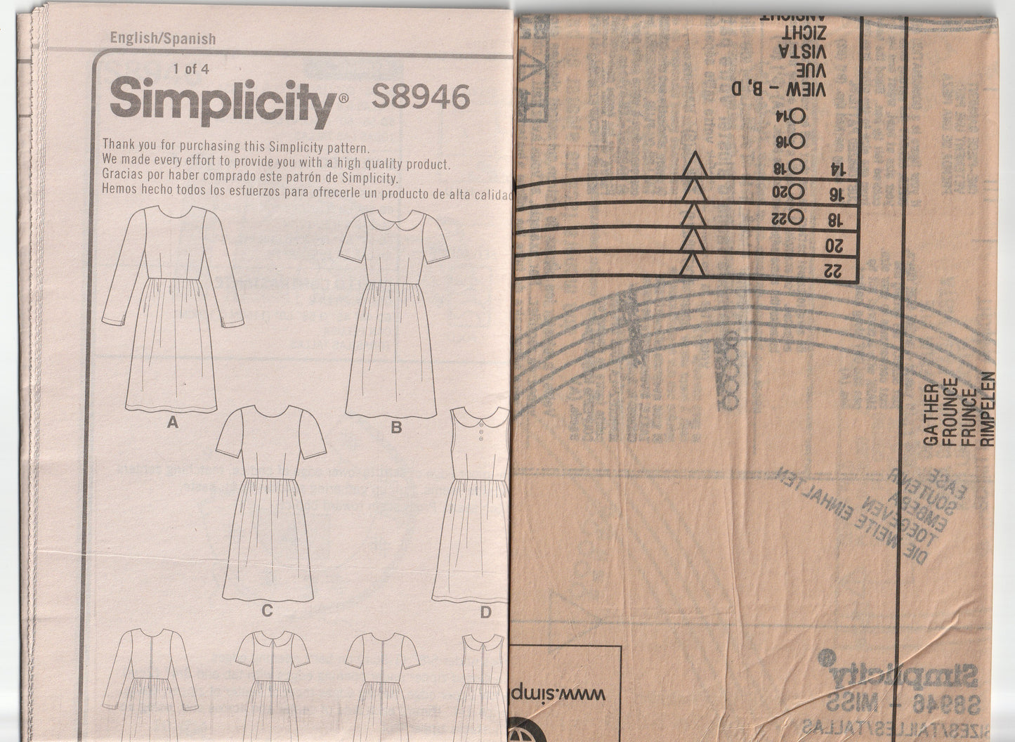 Simplicity 8946 Womens Babydoll Dresses Paper Sewing Pattern Sizes 14 - 22 UNCUT Factory Folded