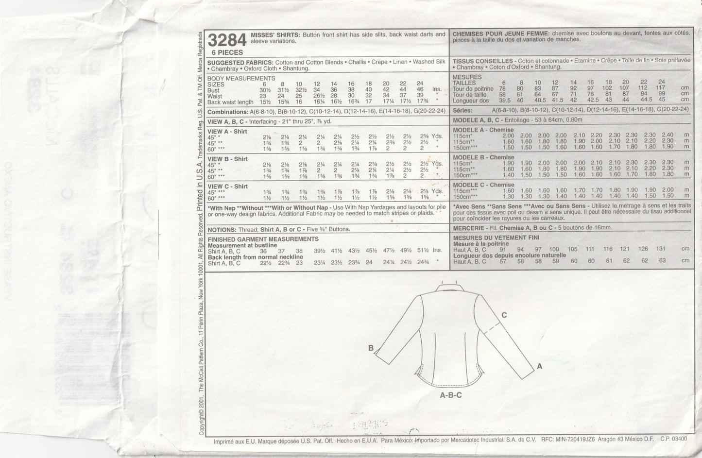 McCall's 3284 PALMER PLETSCH Womens Classic Fit Shirts Out Of Print Paper Sewing Pattern Size 10 - 14 UNCUT Factory Folded