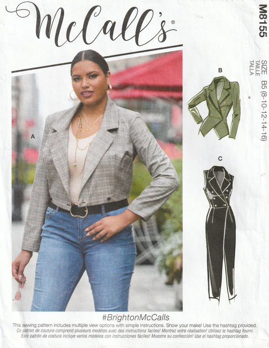 McCall's 8155 Womens Double Breasted Peplum Jacket Bolero & Evening Length Vest Paper Sewing Pattern Sizes 8 - 16 UNCUT Factory Folded