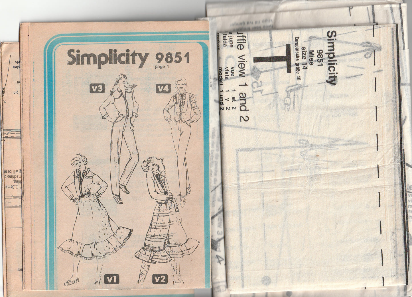 Simplicity 9851 Womens Western Style Ruffled Skirt Jeans Shirt & Vest 1980s Vintage Paper Sewing Pattern Size 14 Bust 36 inches