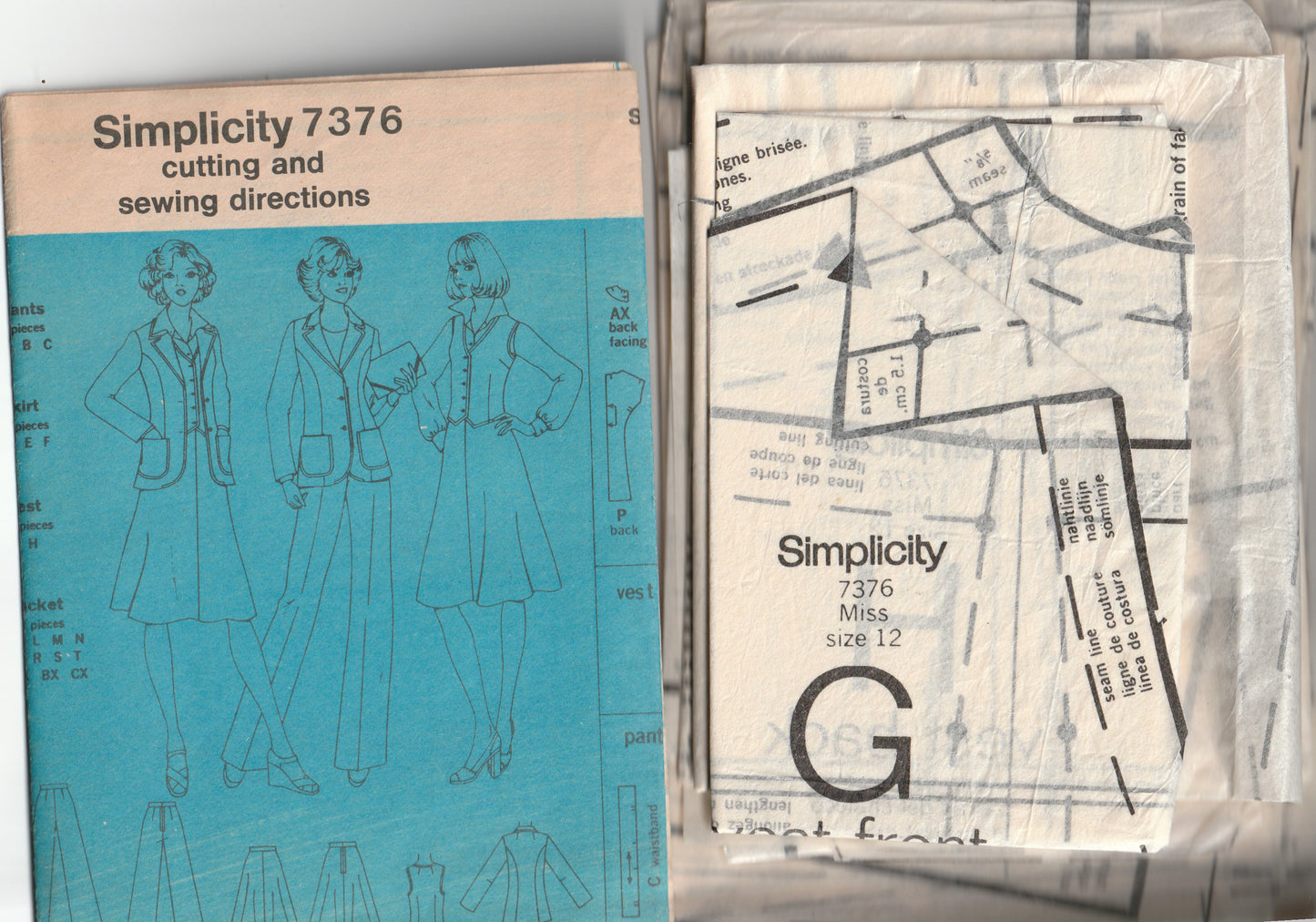 Simplicity 7376 Womens Shaped Jacket Vest Skirt & Pants 1970s Vintage Paper Sewing Pattern Size 12 Bust 34 inches