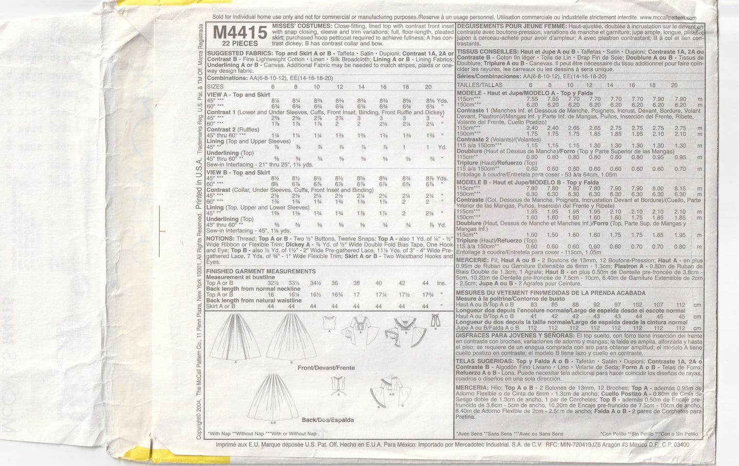 McCall's 4415 Womens Civi War Era Southern Belle Costume for Cosplay or Theatre Out Of Print Paper Sewing Pattern Size 6-12 UNCUT Factory Folded