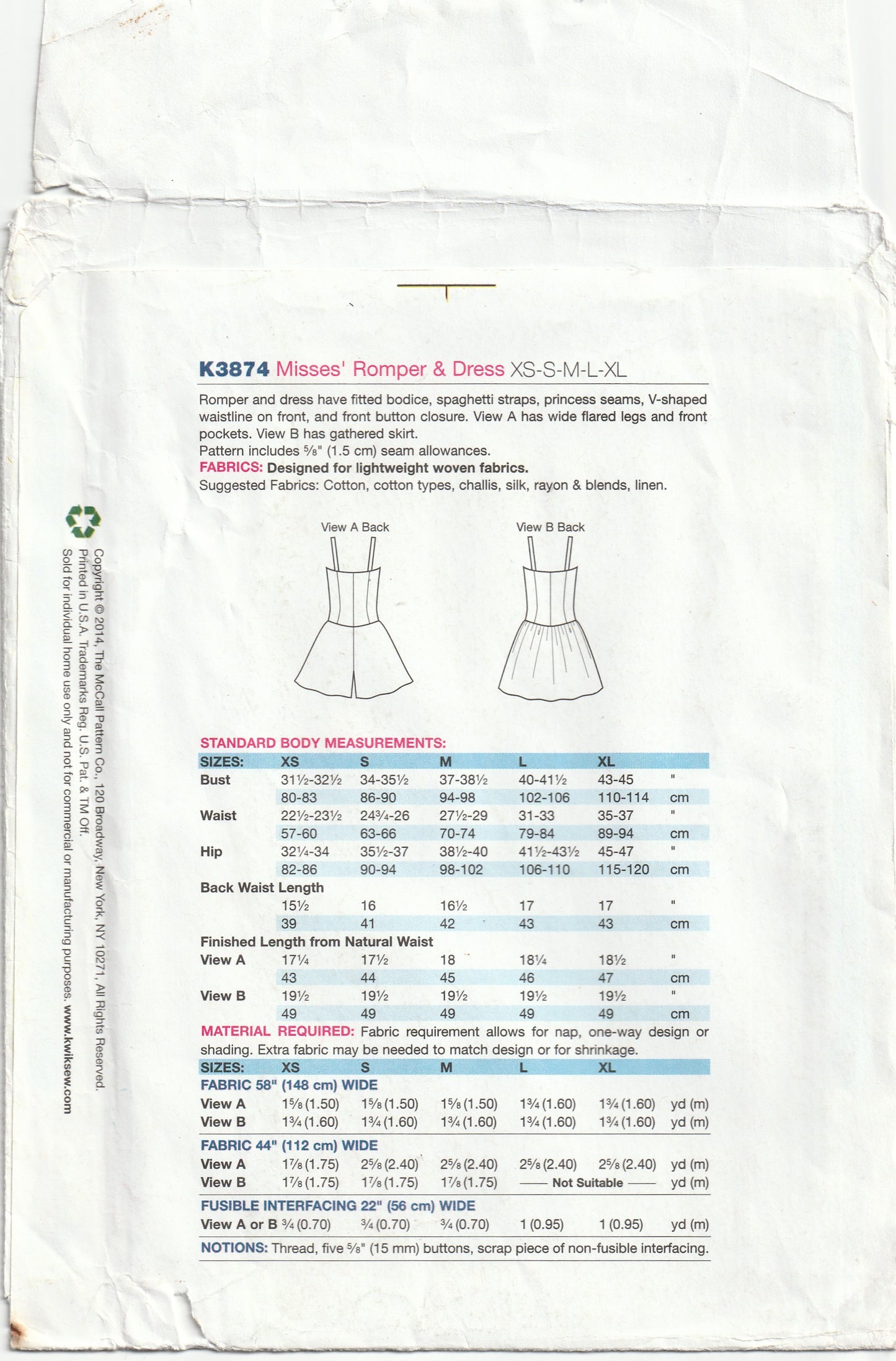 Kwik Sew 3874 Womens Sundress & Romper Jumpsuit Out Of Print Paper Sewing Pattern Size XS - XL UNCUT Factory Folded