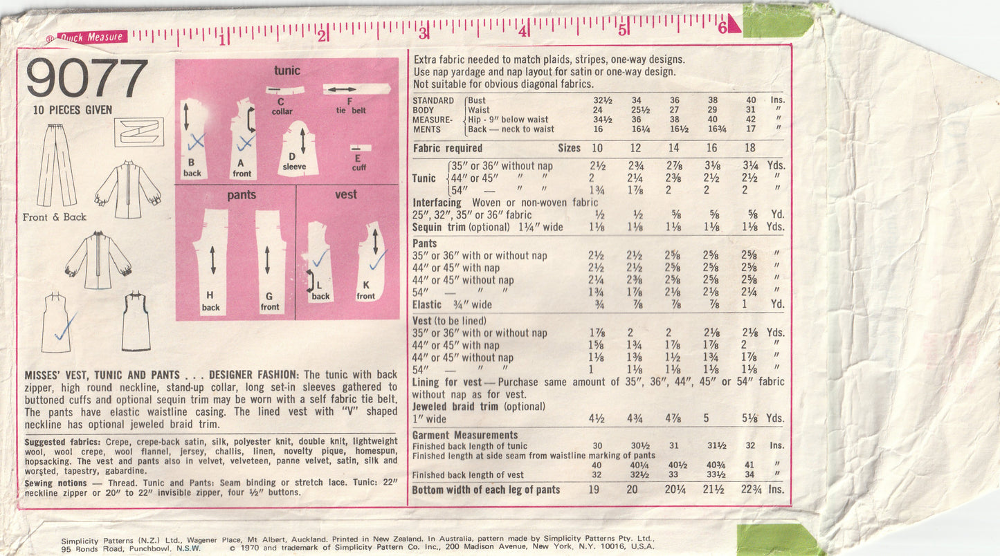 Simplicity 9077 Womens Designer Long Vest Tunic & Pants 1970s Vintage Paper Sewing Pattern Size 12 Bust 34 inches