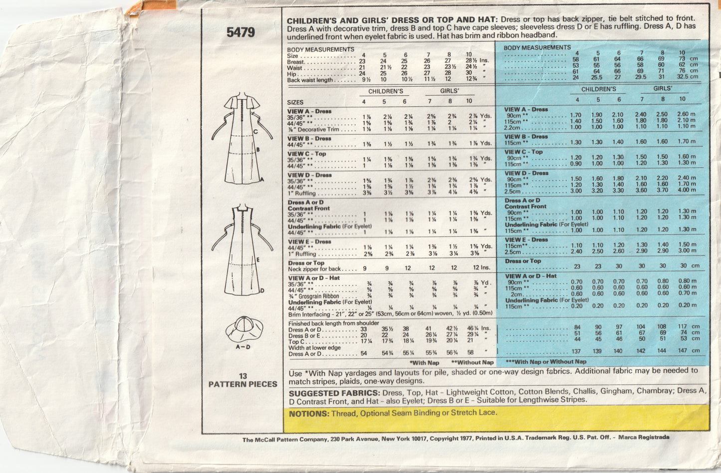 McCall's 5479 Girl's Panelled Dress Top & Sunhat Vintage Paper Sewing Pattern Size 6