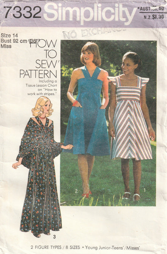 Simplicity 7332 Womens Empire Waisted Sundress Maxi Dress & Shawl 1970s Vintage Paper Sewing Pattern Size 14 Bust 36 inches