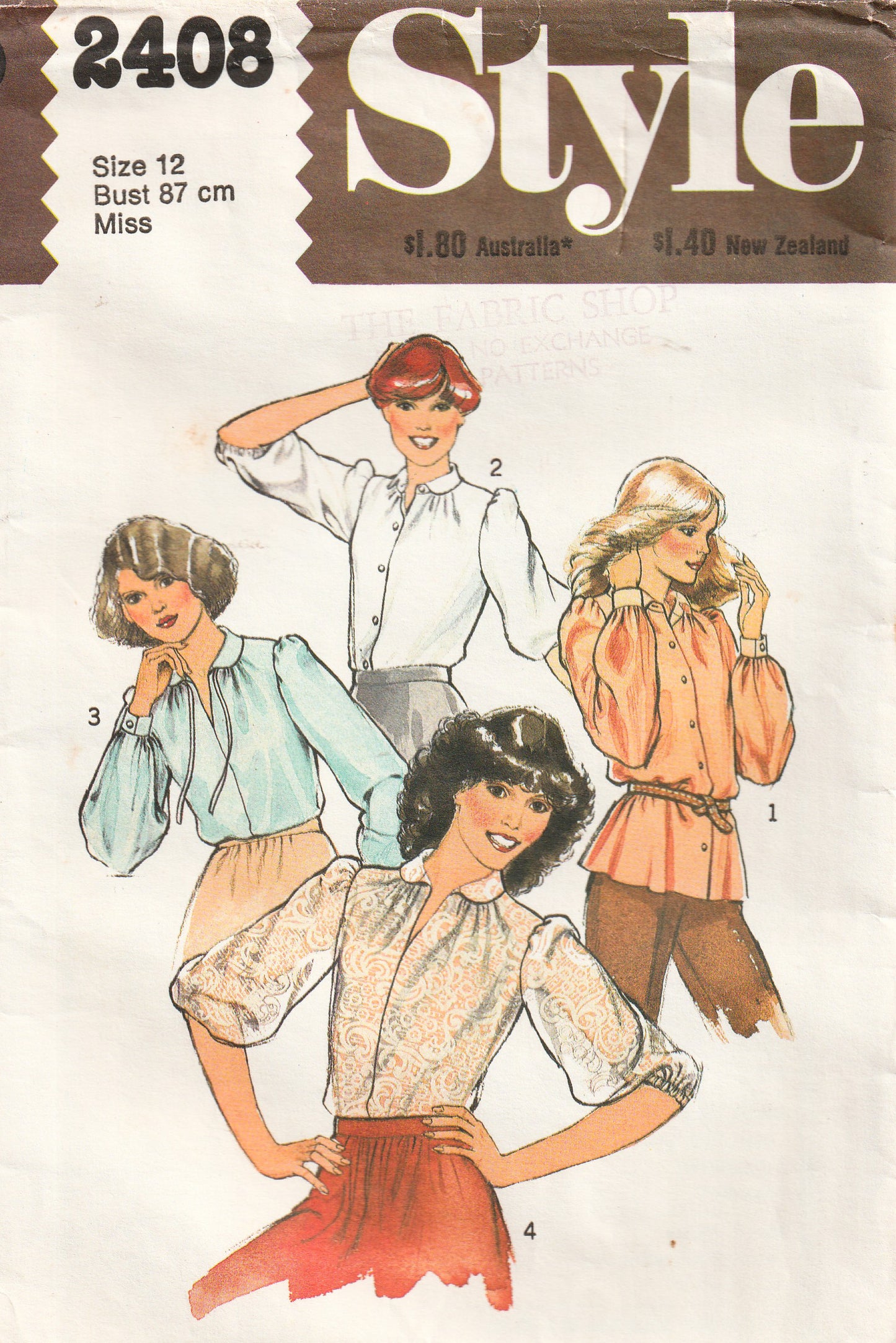 Style 2408 Womens Puffy Sleeved Blouses 1970s Vintage Paper Sewing Pattern Size 12 Bust 34 inches