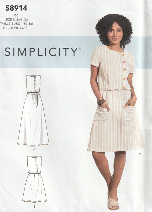 Simplicity 8914 Womens EASY Asymmetric Buttoned Dress Out Of Print Paper Sewing Pattern Size 4 - 12 UNCUT Factory Folded