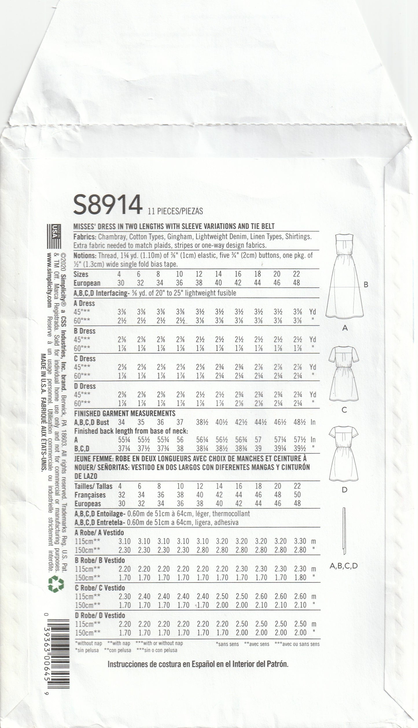 Simplicity 8914 Womens EASY Asymmetric Buttoned Dress Out Of Print Paper Sewing Pattern Size 4 - 12 UNCUT Factory Folded