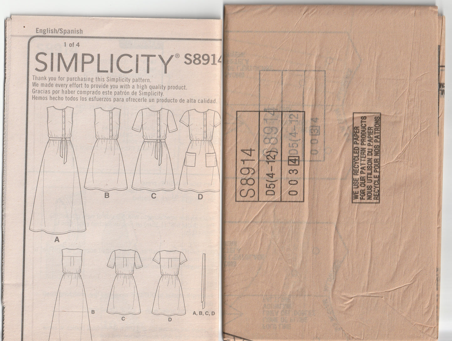 Simplicity 8914 Womens EASY Asymmetric Buttoned Dress Out Of Print Paper Sewing Pattern Size 4 - 12 UNCUT Factory Folded