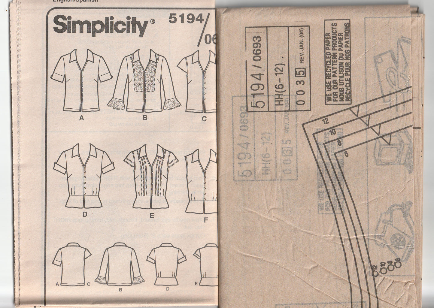 Simplicity 5194 Womens 6 EASY Blouses Out Of Print Paper Sewing Pattern Size 6 - 12 UNCUT Factory Folded
