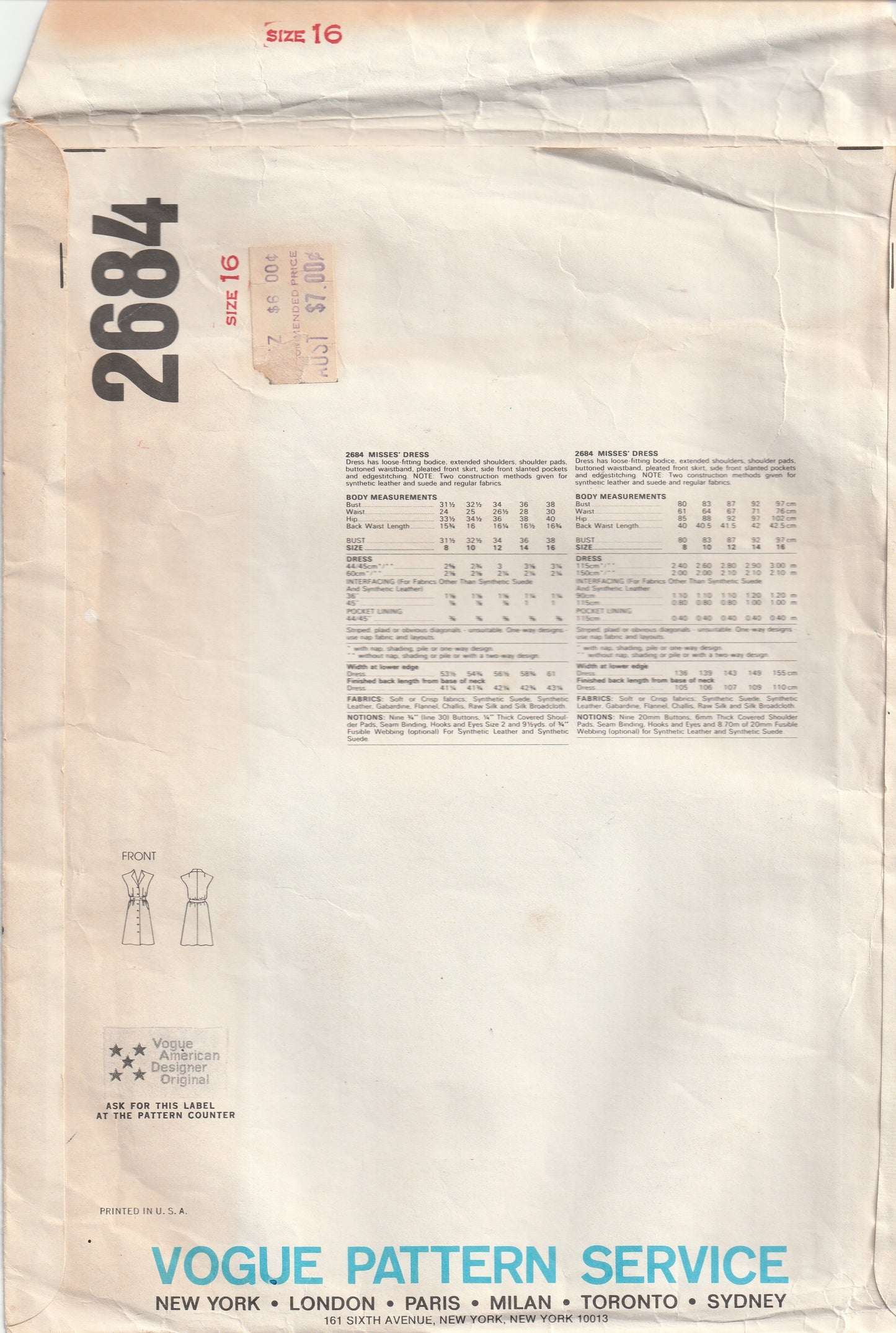 Vogue American Designer 2684 ADELE SIMPSON Womens Slim Cap Sleeved Shirtdress 1980s Vintage Paper Sewing Pattern Size 16 Bust 38 Inches