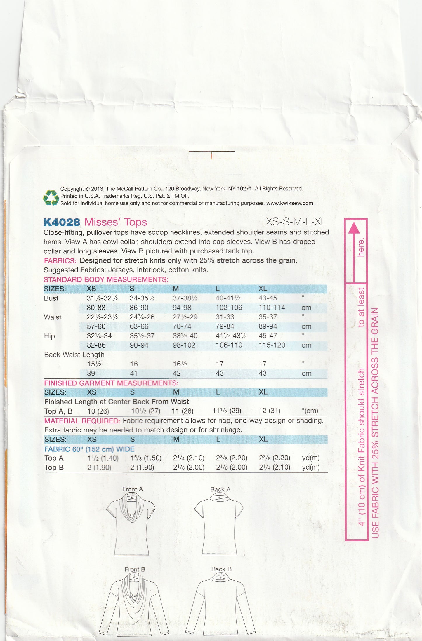 Kwik Sew 4028 Womens Stretch Knit Cowl Neck Tops Out Of Print Paper Sewing Pattern Size XS - XL UNCUT Factory Folded