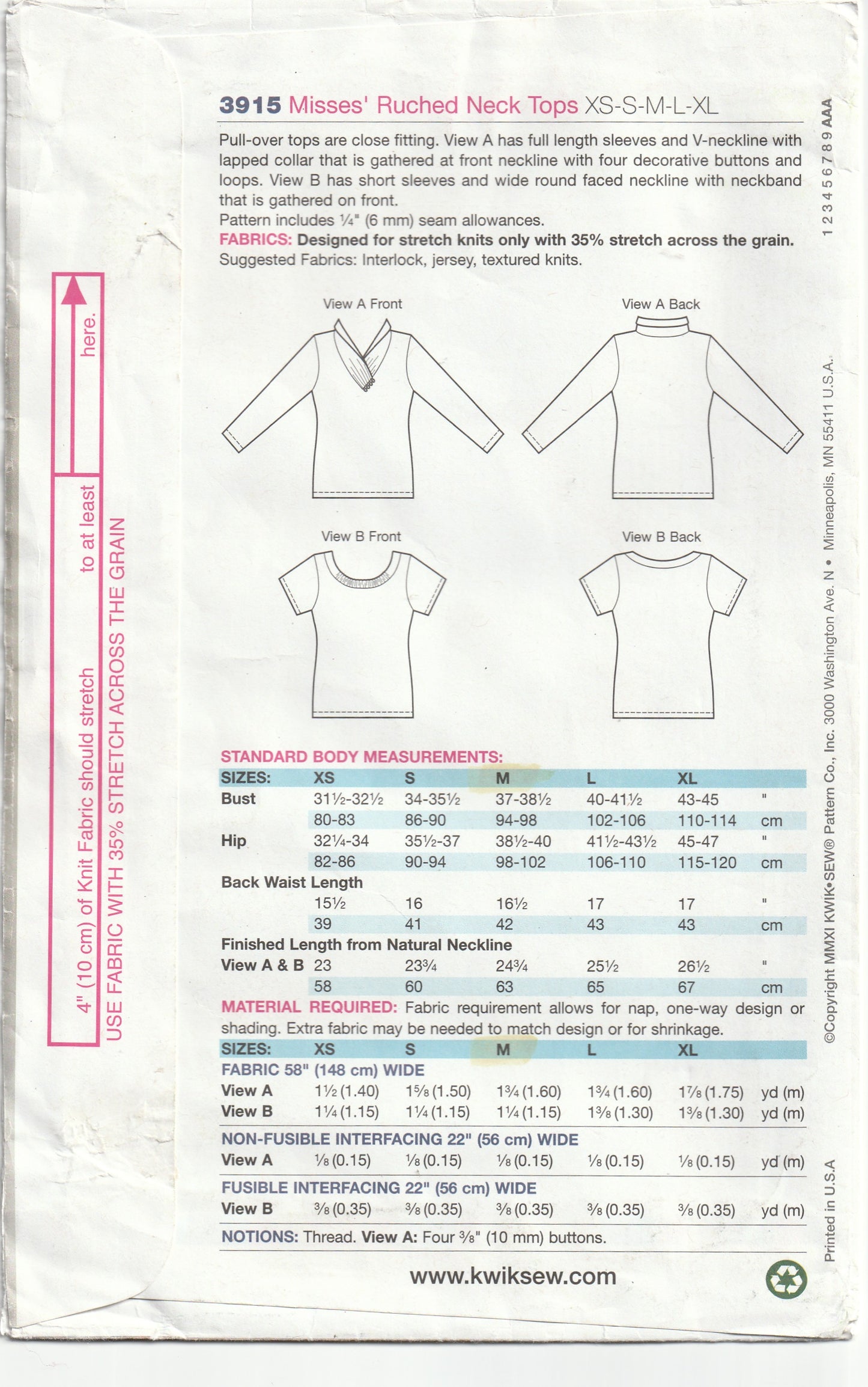 Kwik Sew 3915 Womens Stretch Knit Ruched Neck Tops Out Of Print Paper Sewing Pattern Size XS - XL UNCUT Factory Folded