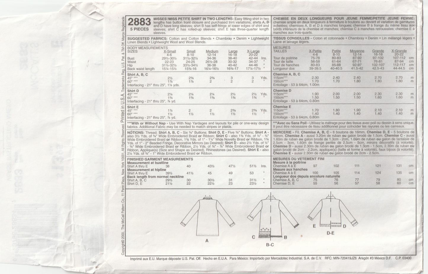 McCall's 2883 Womens Shirts in 2 Lengths Out Of Print Paper Sewing Pattern Sizes 16 - 18 UNCUT Factory Folded