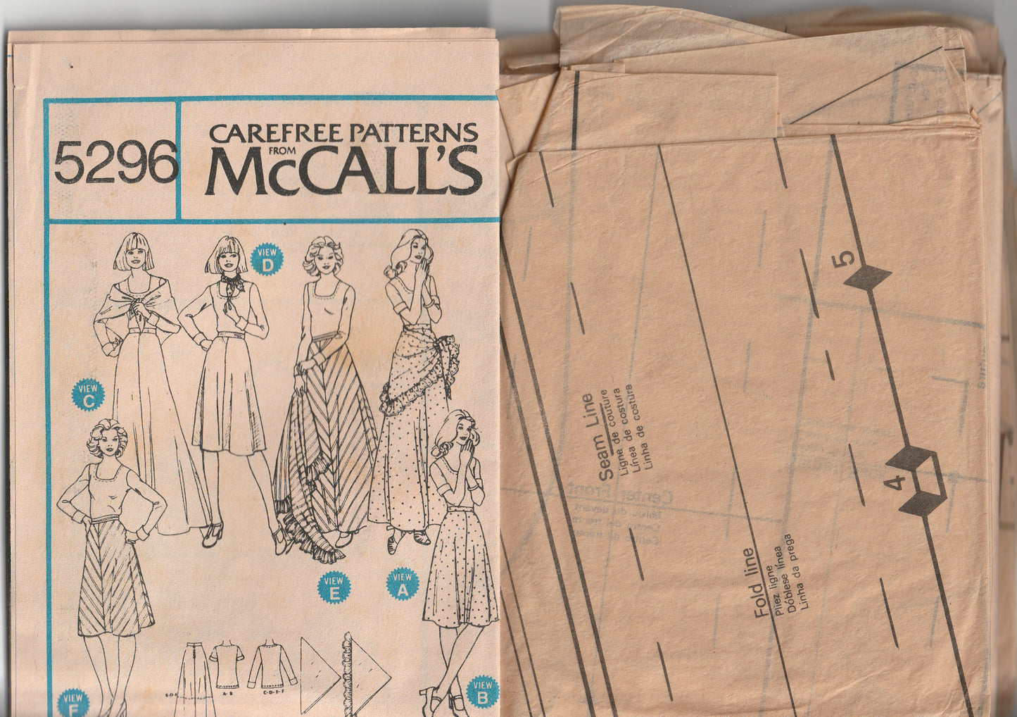 McCall's 5296 Womens T Shirt Bias Skirts & Shawl 1970s Vintage Paper Sewing Pattern Size 12 Bust 34 inches