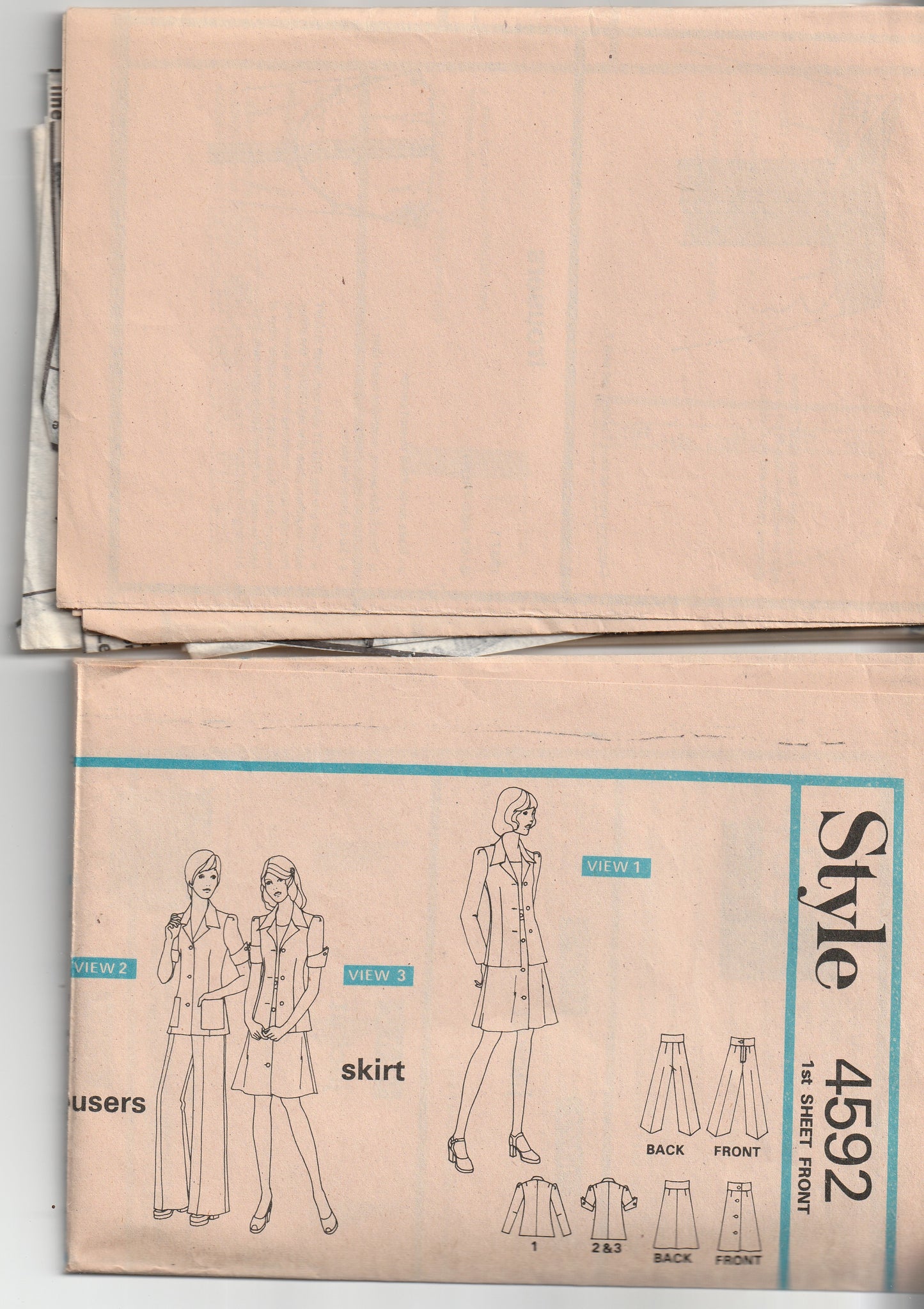 Style 4592 Womens Jacket with Turn Back Cuffs Skirt & Flared Pants 1970s Vintage Paper Sewing Pattern Size 12 Bust 34 inches