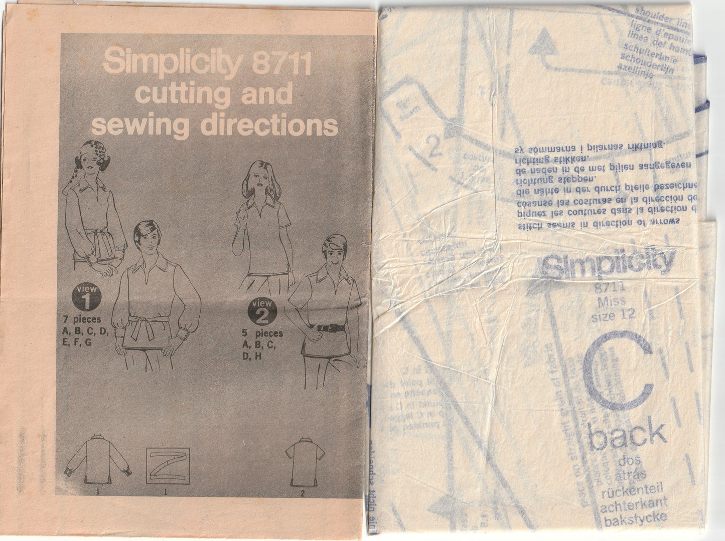 Simplicity 8711 Womens Pullover Hippie Shirts 1970s Vintage Paper Sewing Pattern Size 12 Bust 34 inches
