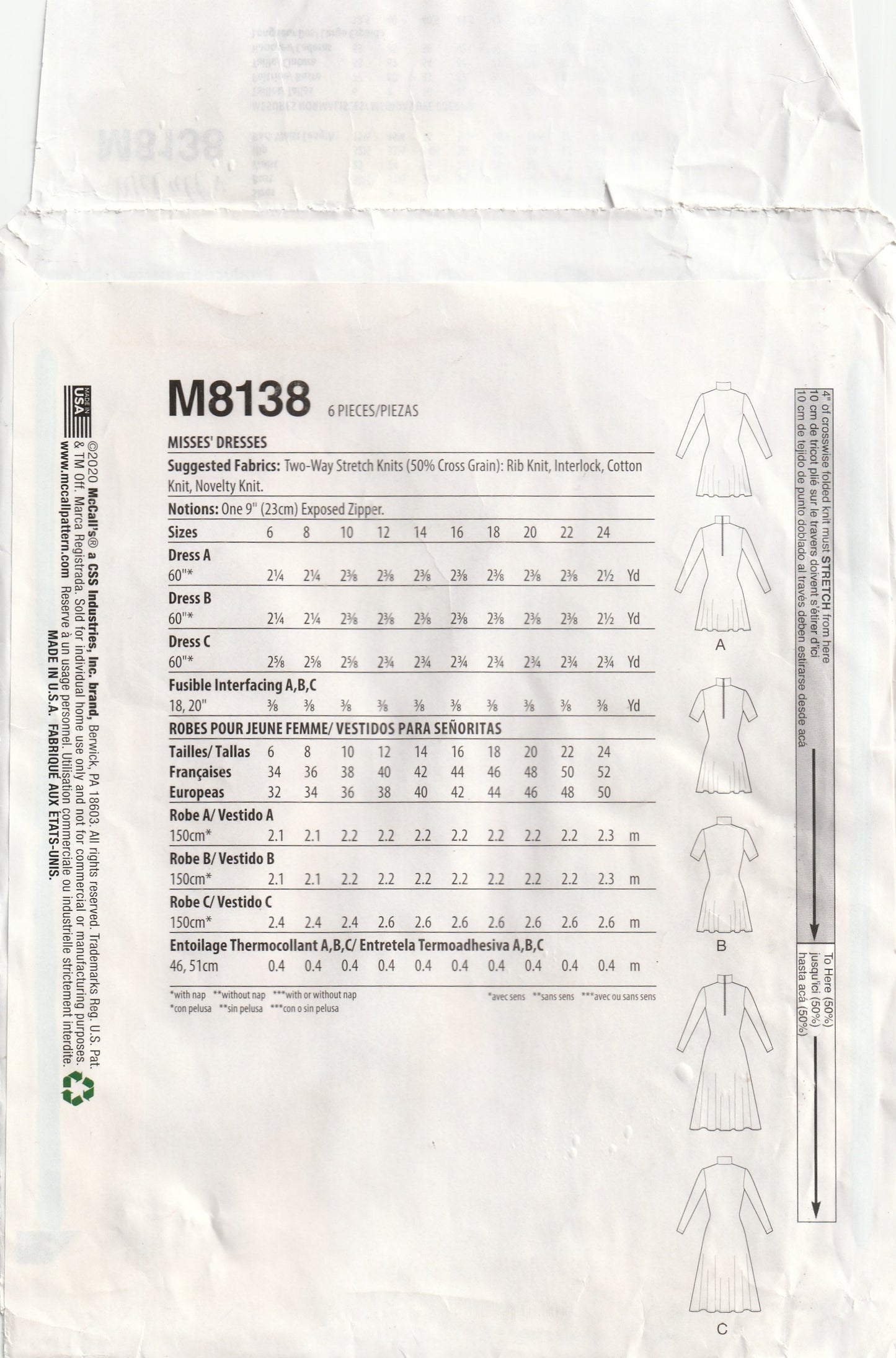 McCall's 8138 Womens EASY 2 Way Stretch Knit Dress Paper Sewing Pattern Sizes 6 - 24 UNCUT Factory Folded