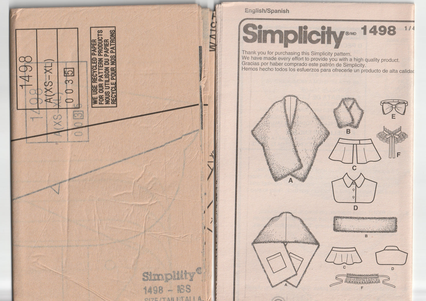 Simplicity 1498 Womens Winter Accessories Pack Out Of Print Paper Sewing Pattern Size XS - XL UNCUT Factory Folded