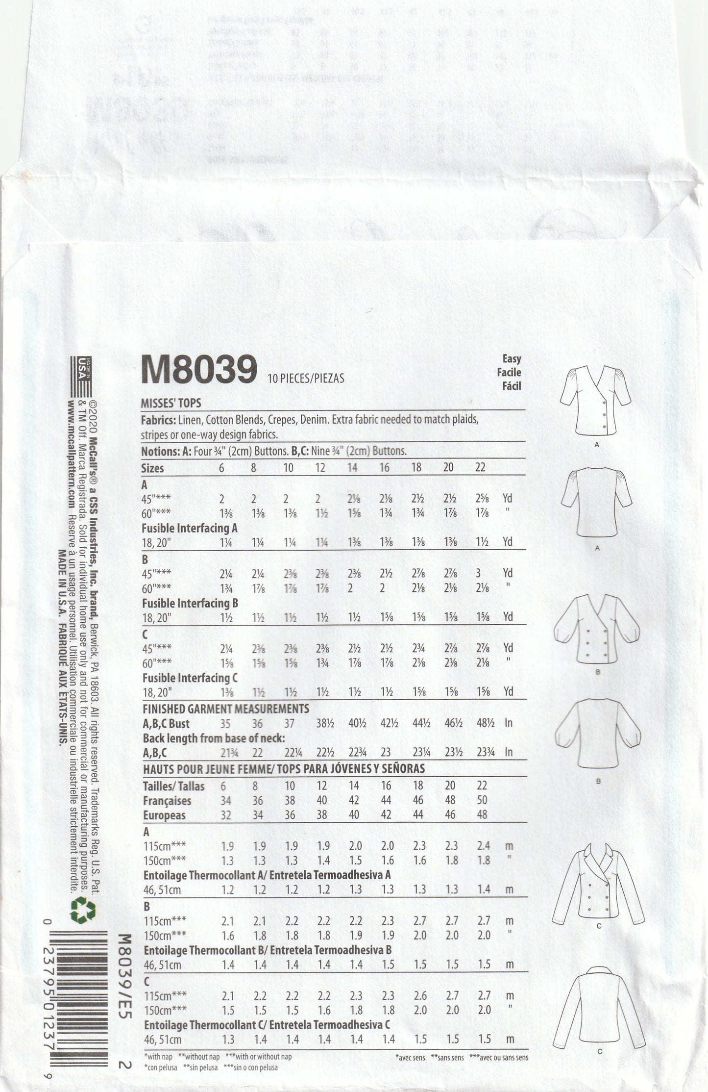 McCall's 8039 Womens Single or Double Breasted Wrap Tops Out Of Print Paper Sewing Pattern Size 14 - 22 UNCUT Factory Folded