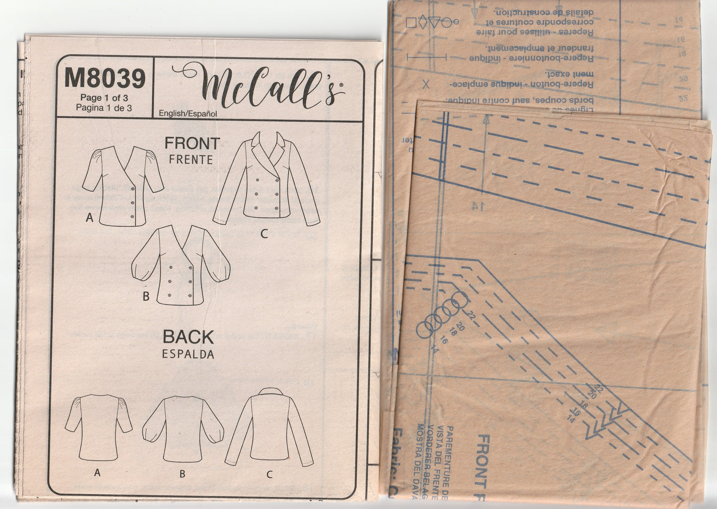 McCall's 8039 Womens Single or Double Breasted Wrap Tops Out Of Print Paper Sewing Pattern Size 14 - 22 UNCUT Factory Folded