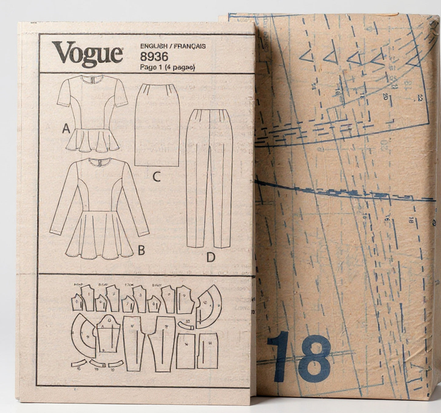 Very Easy Vogue 8936 Womens Custom Fit Peplum Tunic Top Skirt & Pants Out Of Print Paper Sewing Pattern Size 14 - 22 UNCUT Factory Folded