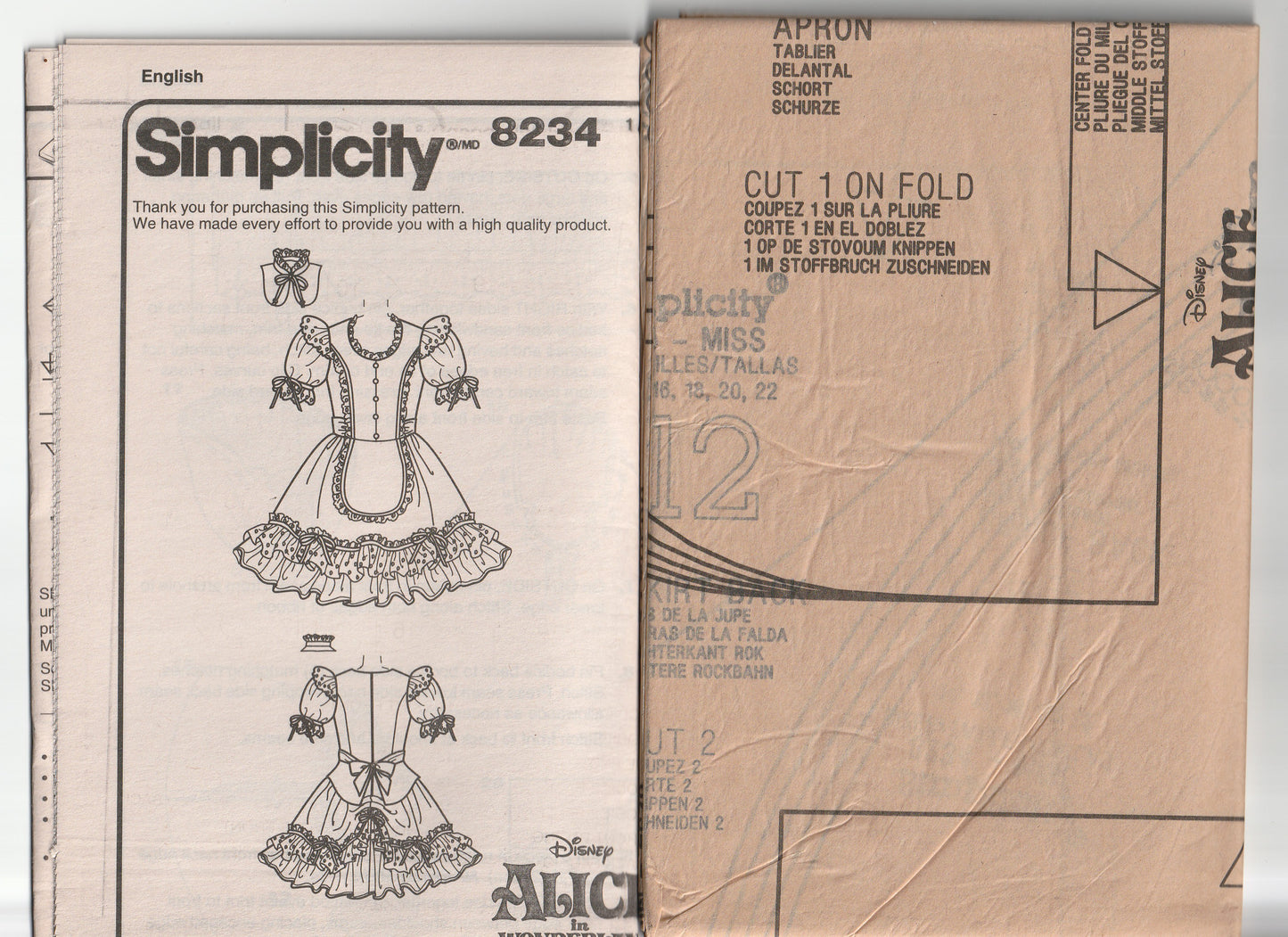 Simplicity 8234 Womens DISNEY Licensed Alice In Wonderland Costume Out Of Print Paper Sewing Pattern Sizes 14 - 22 UNCUT Factory Folded