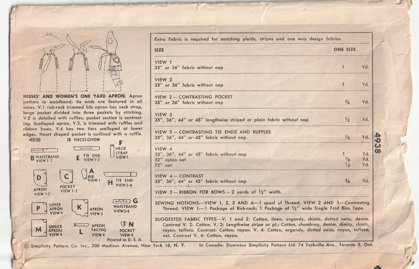 Simplicity 4938 Womens Retro ONE YARD Kitchen Aprons 1950s Vintage Paper Sewing Pattern ONE SIZE