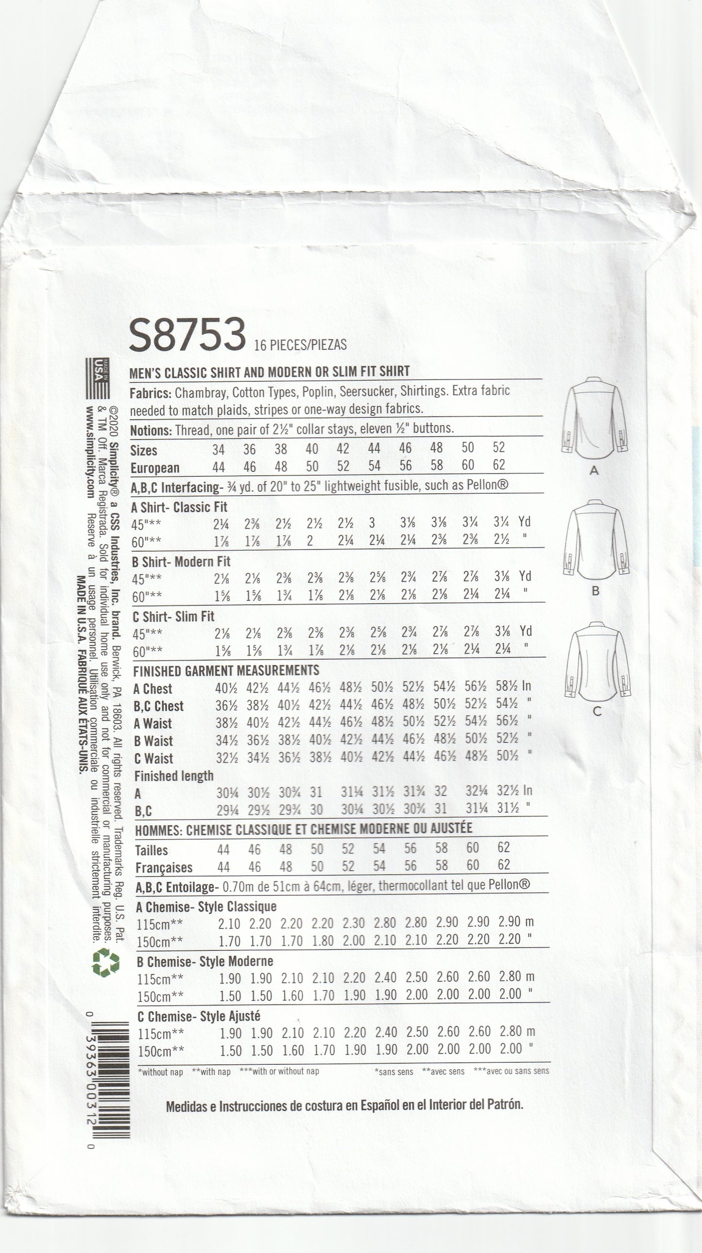 Simplicity 8753 Mens Classic Modern or Slim Fit Shirts Paper Sewing Pattern Size 34 - 42 UNCUT Factory Folded