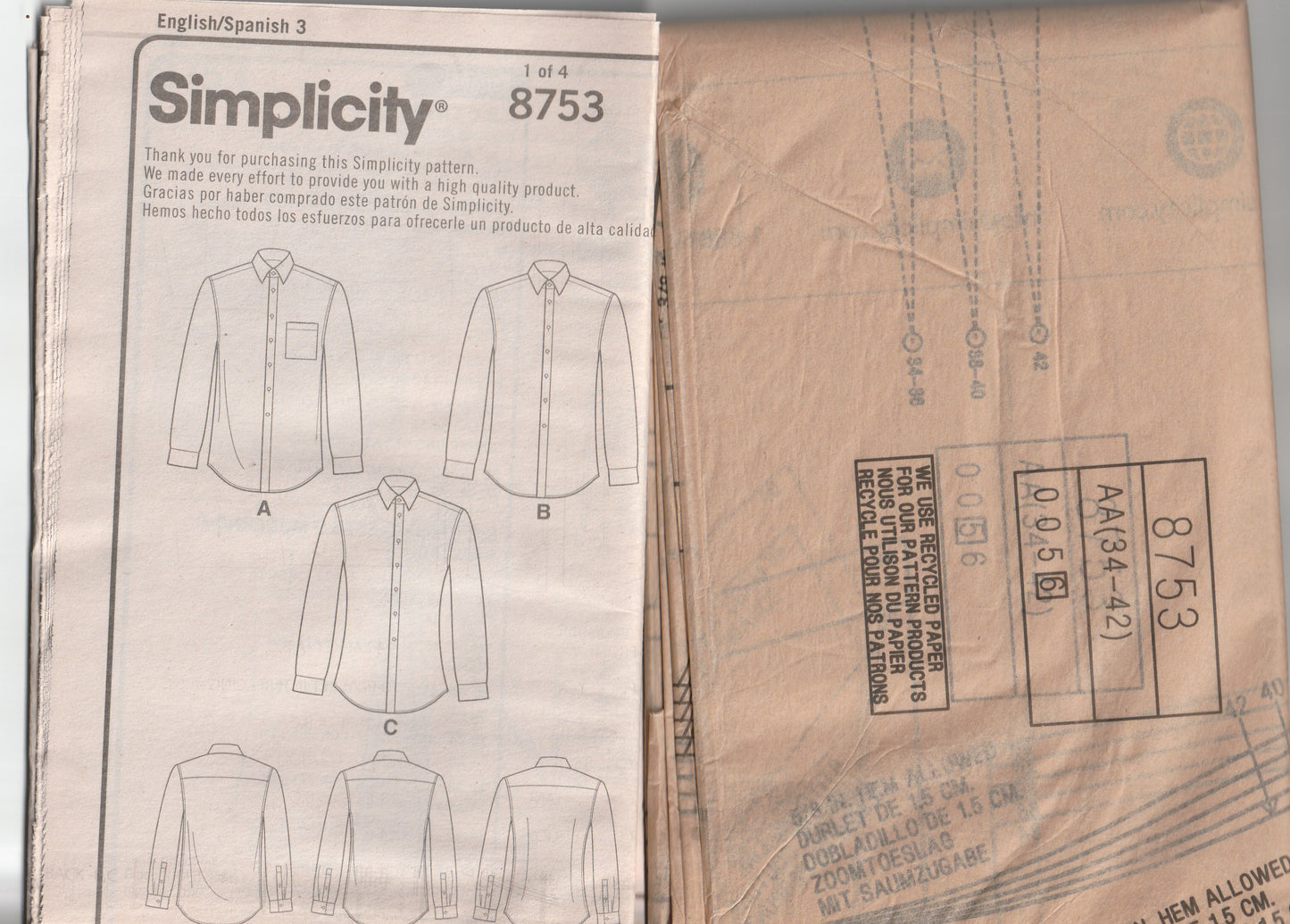 Simplicity 8753 Mens Classic Modern or Slim Fit Shirts Paper Sewing Pattern Size 34 - 42 UNCUT Factory Folded